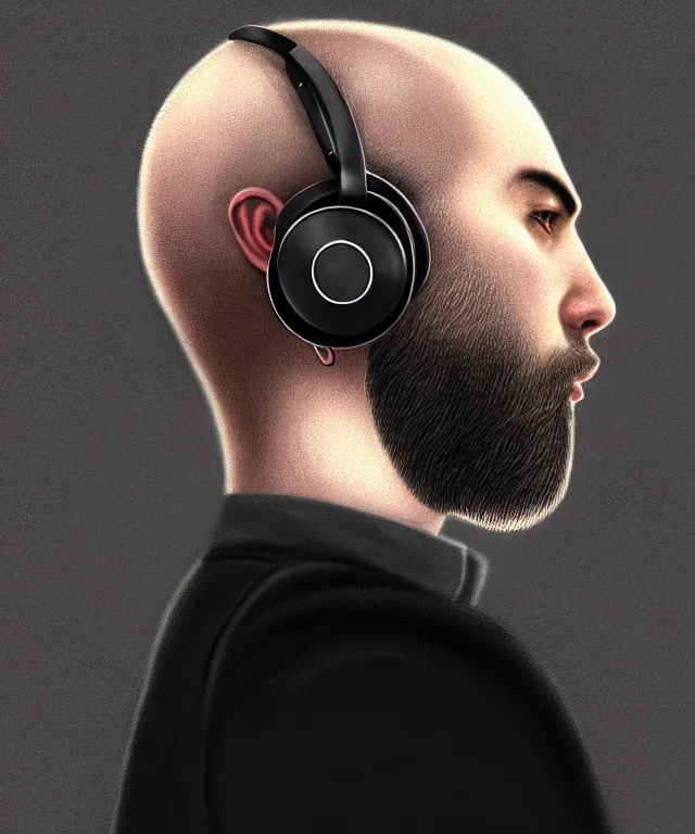 Image similar to Portrait of a male DJ, western european origin, side or front profile, sci-fi, dark eyes, face, shaved head, beard, Headphones, fantasy, LSD Dream Emulator, intricate, rugged, backlit, highly detailed, digital painting, artstation, concept art, smooth, sharp focus, illustration, art by artgerm and greg rutkowski and alphonse mucha