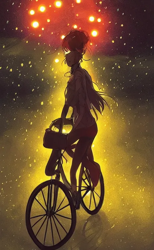 Prompt: a beautiful illustration of a woman riding a bicycle in a rainy night, fiery particles!!!, anime aesthetic, midnight theme, depth of field, bokeh, composition study, featured on artstation, by art by artgerm and greg rutkowski and alphonse mucha, vertical orientation