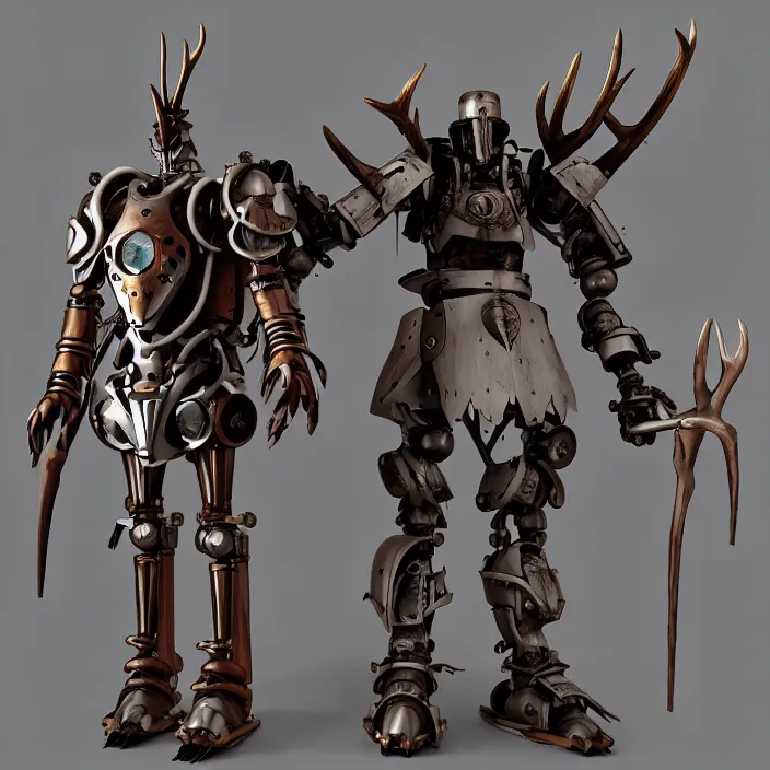 Image similar to warforged druid male anime character, wolf armor, wooden antlers, made of wood, made of metal, large robot, wolves, knight, medieval castle, wolf pack following, 3 d render beeple, realistic detailed octane render, pop up parade figure