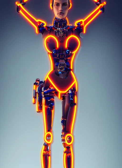 Image similar to photorealistic detailed full body picture of a female cyborg, pretty face with arms and legs, glamour pose, neon lights, humanoid, extreme, uhdr, book called the most influental cyborg in 2 0 5 0, fine details, highly detailed, intricate, smooth sharp focus, symmetrical features, environmental portrait