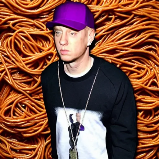 Image similar to eminem wearing a hat made of spaghetti and a purple dress