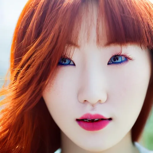 Image similar to Close up photo of the left side of the head of a young beautiful redhead korean woman with gorgeous blue eyes, beautiful white teeth and wavy long red hair, red detailed lips and freckles who looks directly at the camera. Slightly open mouth. Whole head visible and covers half of the frame, with a park visible in the background. 135mm nikon.