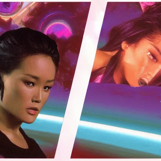 Image similar to a VHS still of a concept art with a photo of Tia Carrere in a vaporwave artwork composition, Windows98 logo, in the movie Lifeforce (1985) 8k, intricate, pastel colors