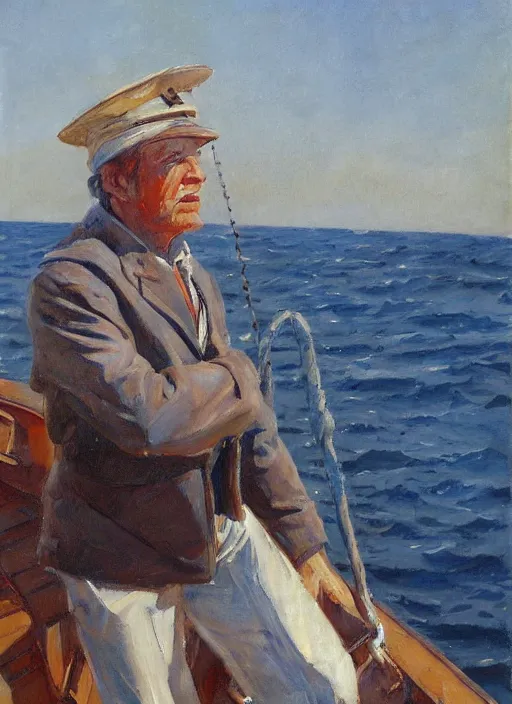 Prompt: a highly detailed old sailor portraitin a boat, by gregory manchess, james gurney, james jean