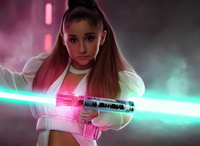 Prompt: An extremely detailed photo of Ariana Grande in the Star Wars universe witha pink lightsaber held in one hand Maximum detail on artstation, photo realism, vivd details, vivd colour, volumetric lighting. anime art style