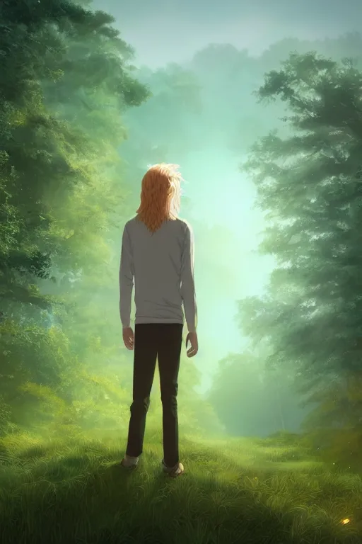 Image similar to pretty young man with long golden blond hair made of gold, demure, slender, back view, lost, trees, detailed forest background, webtoon, breathtaking scenery, colourful, 8 k, graphic novel, digital art trending on artstation, volumetric lighting, octane render, cinematic, hyper detailed, magical atmosphere, magical forest, ghibli