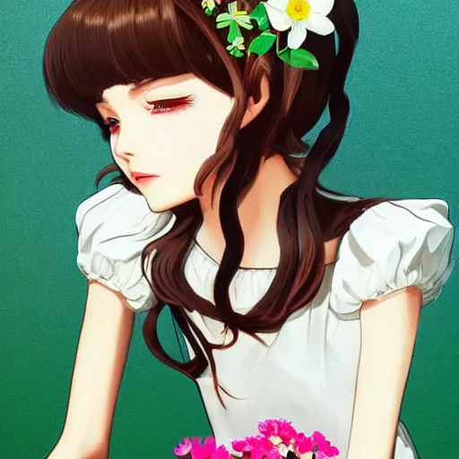 Image similar to little brunette girl with flowers in hair wearing an white dress. art by ilya kuvshinov, profile picture, inspired in hirohiko araki, highly detailed, 8 0 s anime art style, vogue cover