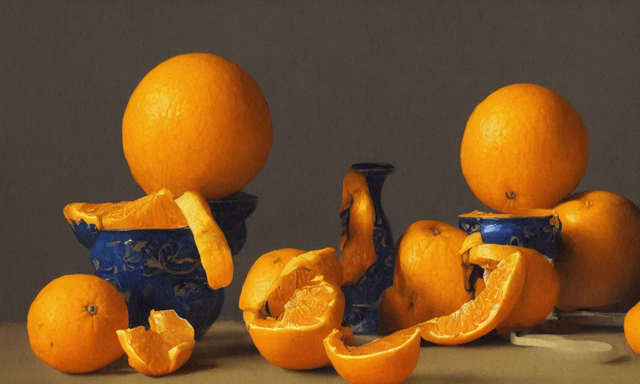 Prompt: still life of a peeled mandarin painted by Johannes Vermeer, vivid colors, high details, cinematic, 8k resolution, beautiful detailed, photorealistic, digital painting, artstation, concept art, smooth, sharp focus, illustration, fantasy background, artstation trending, octane render, unreal engine