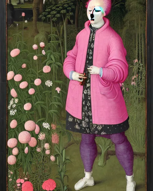 Image similar to portrait of a woman with pink hair buns, wearing a green puffer jacket and baggy jeans, standing in a garden full of plants and flowers, white background, intricate details, high detail, in the style of rogier van der weyden and jacopo da pontormo, punk, asian art,