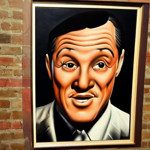 Prompt: beautiful lifelike painting of gene kelly demanding a refund on undercooked overpriced dinosaur steak in downtown dive bar bistro, hyperreal detailed facial features and uv lighting, ascii art by ed roth and basil wolverton