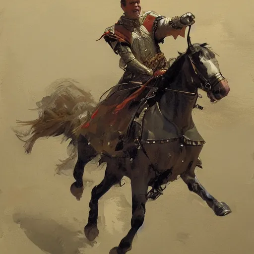 Prompt: portrait of rider wearing medieval clothes galloping, detailed by greg manchess, craig mullins, bernie fuchs, walter everett