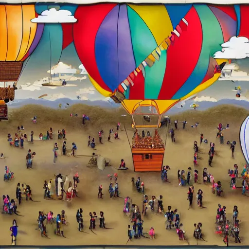 Image similar to a hot air balloon invasion by many ninjas, fiasco, hyper realistic, detailed, ninjas and balloon in foreground