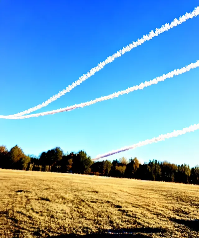 Image similar to thin cloud trails loops in cursive on clear blue sky, skywriting