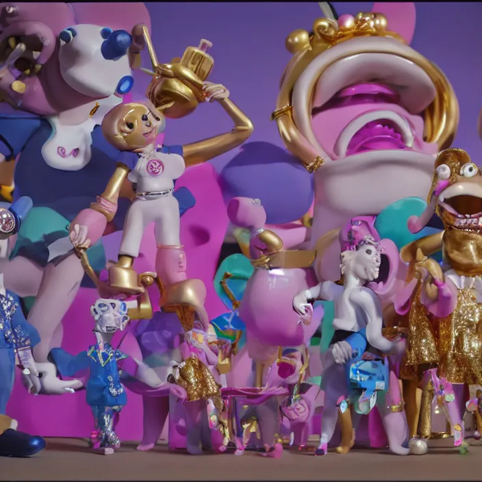 Image similar to jeff koons hip hop bauhaus style street sharks sailor moon wearing diamond grillz and a ton of bussdown iced gold bling in wallace & gromit strata - cut claymation, ultra realistic, concept art, intricate details, serious, highly detailed, photorealistic, octane render, 8 k, unreal engine