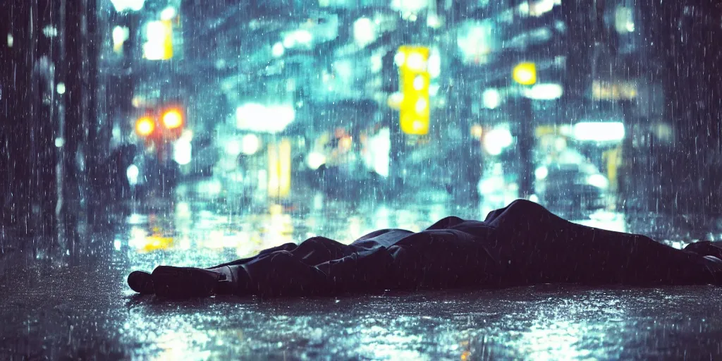 Image similar to a man in a suit laying flat in the street while it rains, night, tokyo street, raining , wet, artstation, cgsociety, depth of field, bokeh, neon lights