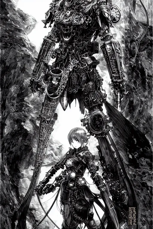 Prompt: a vertical portrait of a character in a scenic environment by Yoshitaka Amano and Nihei Tsutomu, black and white, dreamy, steampunk armor, highly detailed