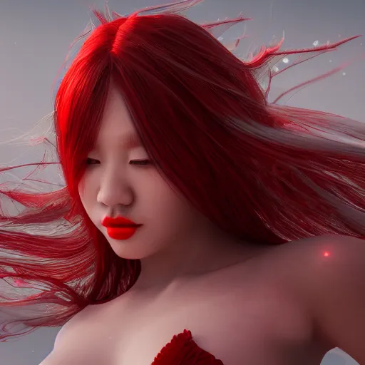 Image similar to albino Asian mermaid , unreal engine octane, red and white, portrait, gliter, depth of field, 8k, hyper detailed, intrin ate, trending on artstation