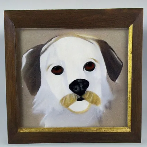 Image similar to painted wooden frame, elegant, 1 9 2 0 s, for a square picture of a happy dog 3 d render