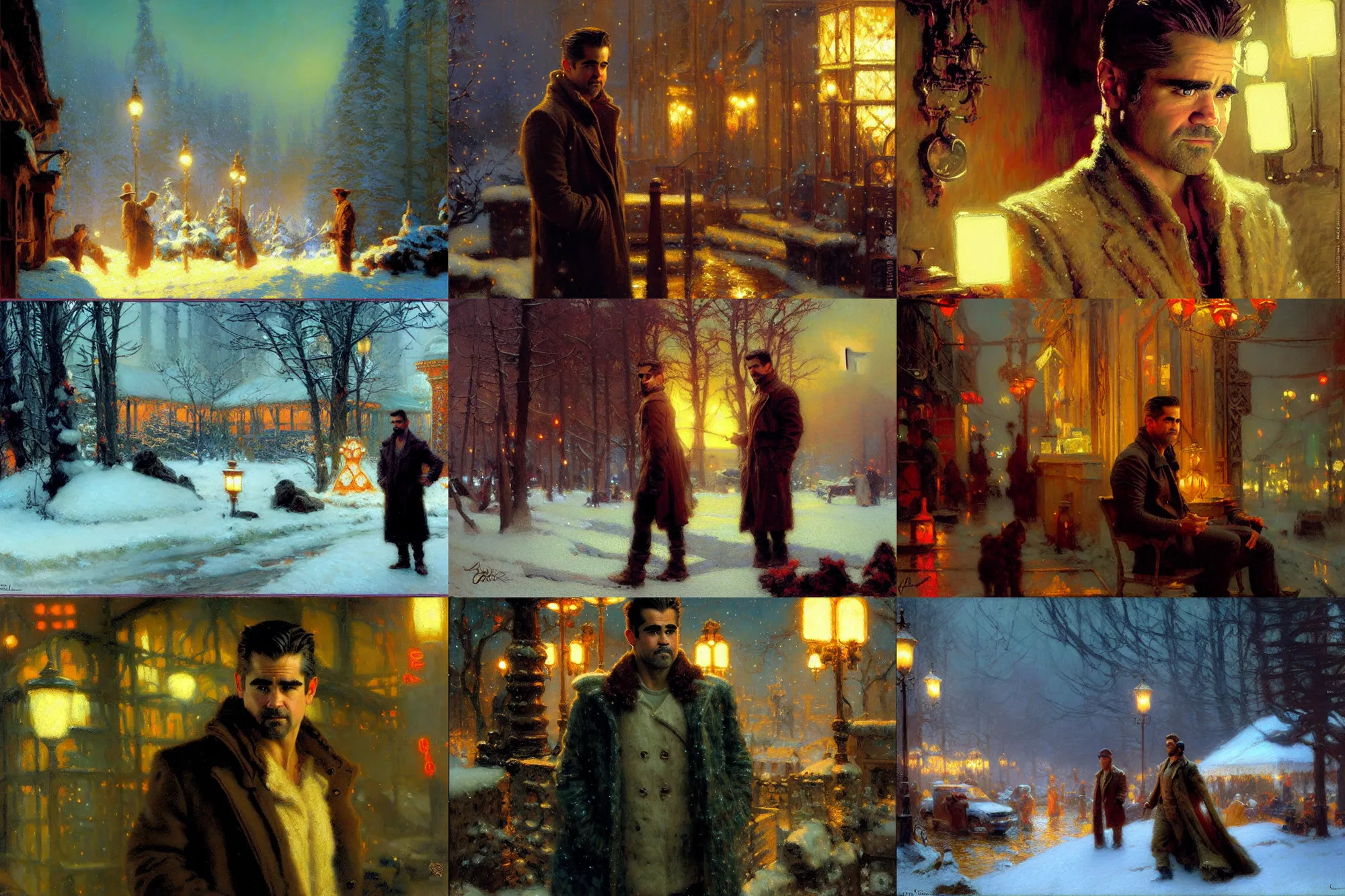 Prompt: winter, colin farrell, neon light, painting by gaston bussiere, craig mullins, j. c. leyendecker