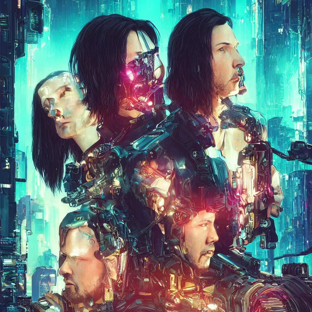 Prompt: a cyberpunk 2077 instagram couple portrait of a Keanu Reeves and a female android final kiss,love,film lighting,by Laurie Greasley,Lawrence Alma-Tadema,Dan Mumford,John Wick,Speed,Replicas,artstation,deviantart,FAN ART,full of color,Digital painting,face enhance,highly detailed,8K,octane,golden ratio,cinematic lighting