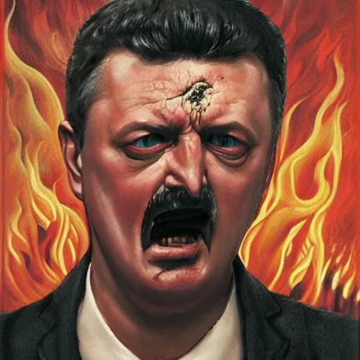 Prompt: igor ivanovich strelkov became an bloody aggressive degenerate hellfire demon calling for total mobilization, photo - realistic, color image, 2 k, highly detailed, bodyhorror, occult art