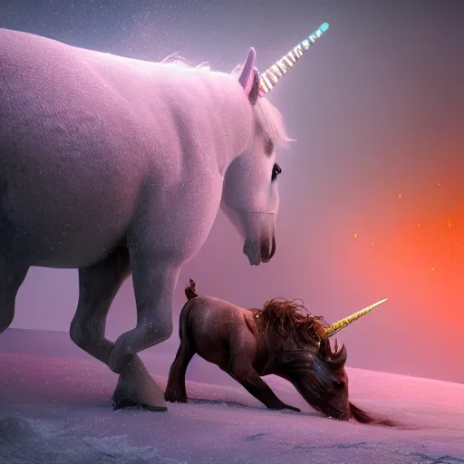Prompt: a iridescent unicorn licking its wounded leg the snow, trail of blood follows behind it, glowing toxic smog in the sky, ultra realistic, concept art, intricate details, highly detailed, photorealistic, octane render, 8 k, style of mary jackson