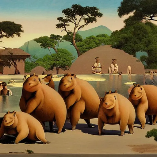 Prompt: a painting of capybaras at the japanese hot springs by thomas blackshear