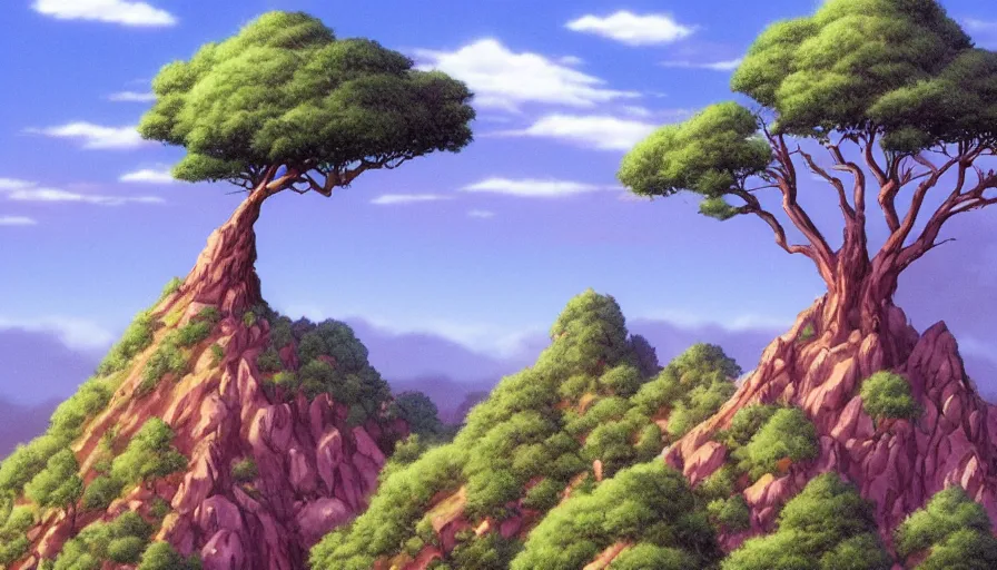 Prompt: a landscape of a single tree with bushes nearby, studio tokio, castle in the sky, animated, anime, illustrated, vibrant, by earl norem, 2 0 0 mm telephoto, background on artstation