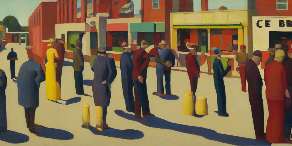 Image similar to robots queue up for ice cream, grant wood, pj crook, edward hopper, oil on canvas