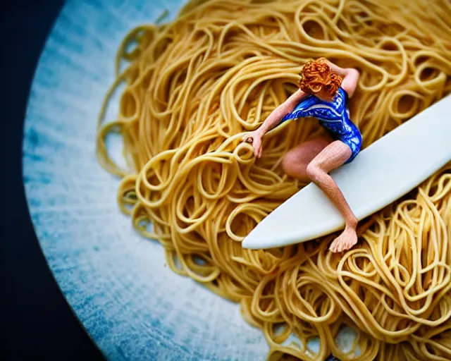 Image similar to close up of a beautiful ginger surfer, surfing on a surfboard in a sea of pasta, art nouveau, fantasy, intricate pasta waves, elegant, highly detailed, sharp focus, action sports photography