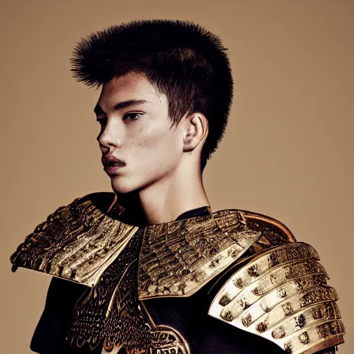 Prompt: a portrait of a beautiful young male wearing an alexander mcqueen armor made of wood , photographed by andrew thomas huang, artistic