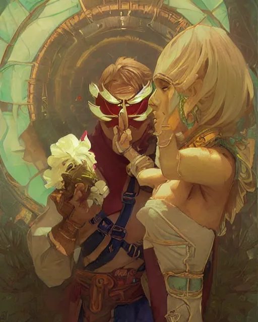 Image similar to happy mask salesman from zelda, full body photo,, highly detailed, digital painting, artstation, concept art, smooth, sharp focus, illustration, art by artgerm and greg rutkowski and alphonse mucha and wlop!!!!!!!