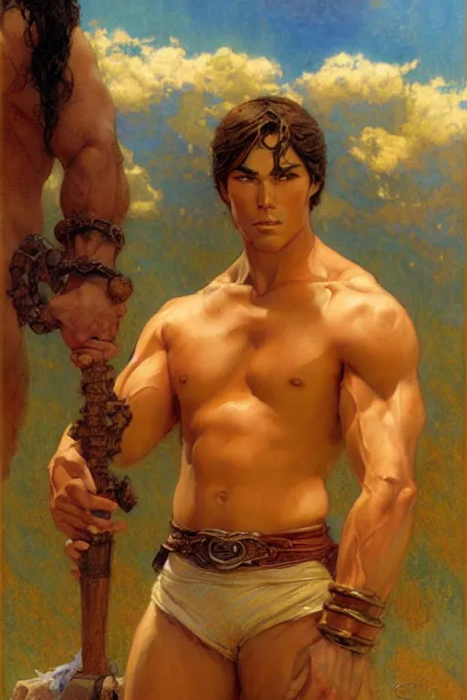 Prompt: tales of earthsea, attractive muscular male character design, painting by gaston bussiere, craig mullins, j. c. leyendecker, tom of finland