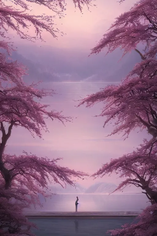 Image similar to a distant! sakura tree on a lake, viewed from afar, stephen bliss, misty, unreal engine, fantasy art by greg rutkowski, loish, rhads, ferdinand knab, makoto shinkai and lois van baarle, ilya kuvshinov, rossdraws, tom bagshaw, global illumination, radiant light, minimalist, detailed and intricate environment