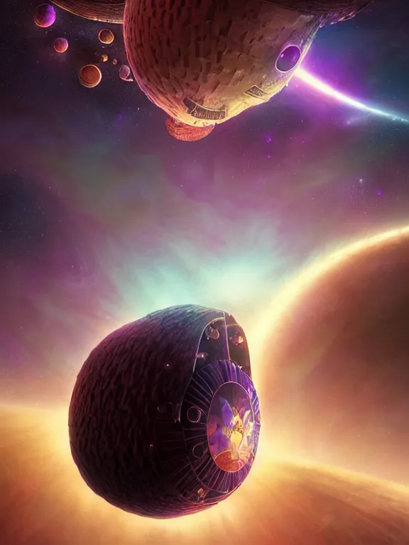 Image similar to round epic coconut spaceship floating in deep space in full of many orchids flowers, galaxy, nebula, epic, style of moebius, vincent di fate, michael whelan, mucha, volumetric light, mega detailed, unreal engine 5, still from interstellar movie, beautiful composition, beautiful lighting