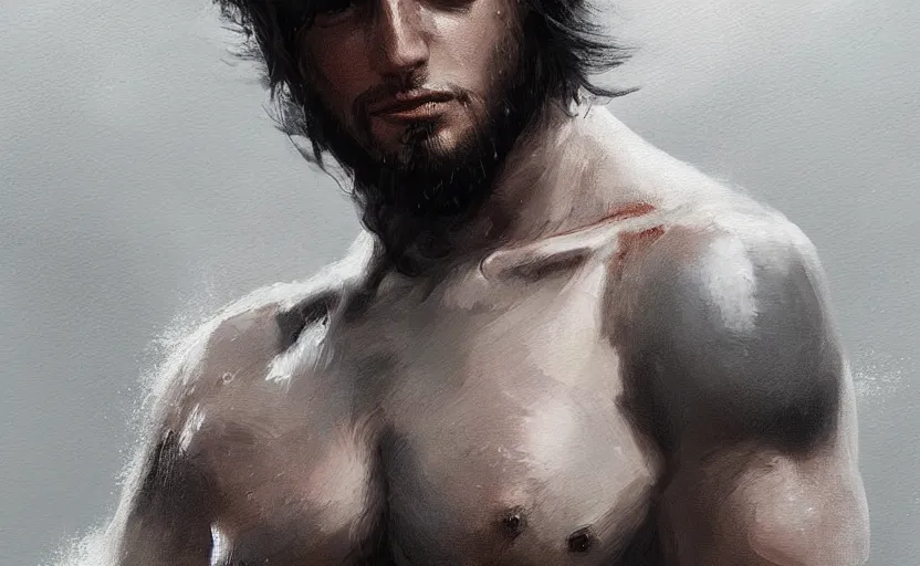 Image similar to a painting of arkul trending on artstation in the style of greg rutkowski, beautiful, male, sensual, natural skin, muscular, stubble, warrior, tattoos
