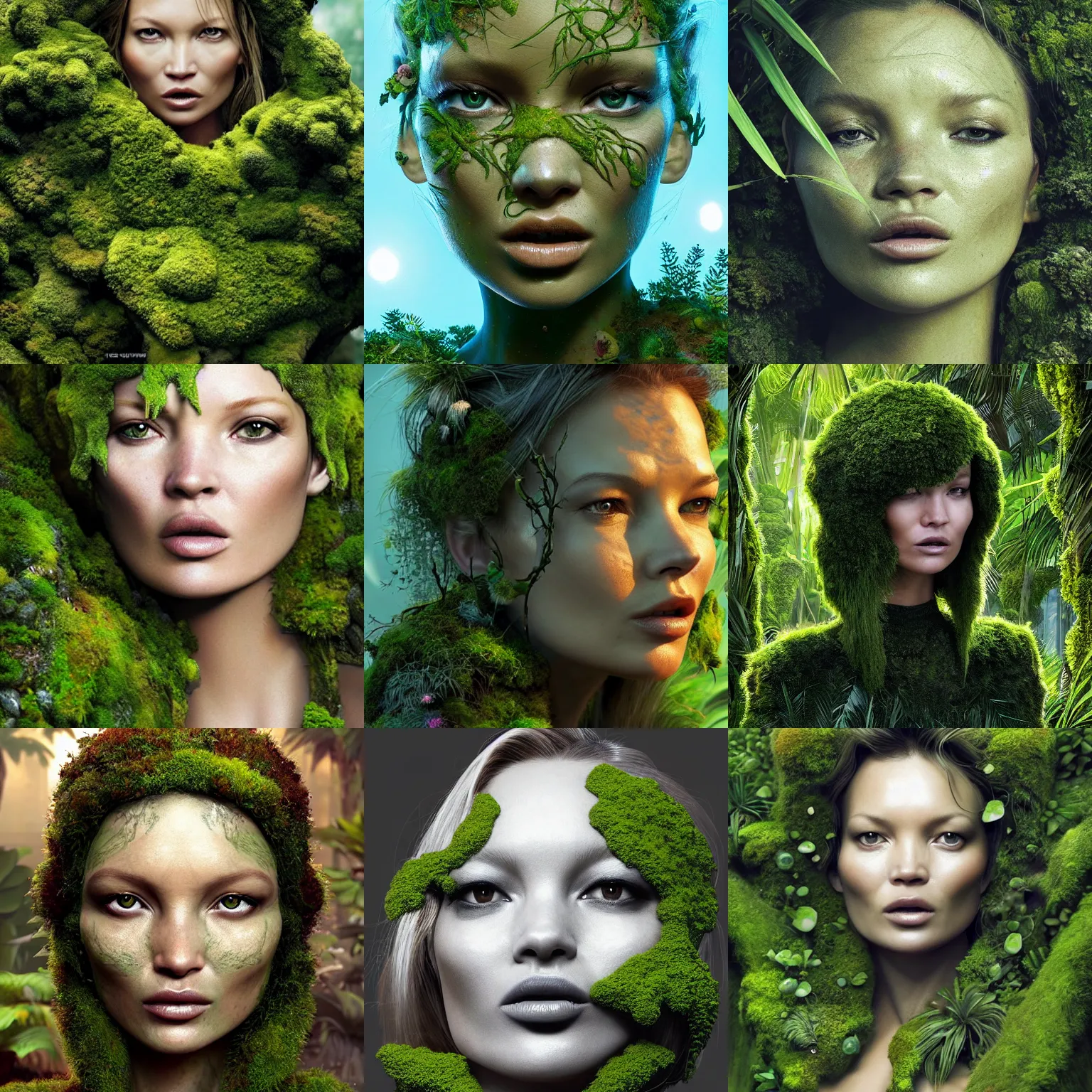 Prompt: tropical mossy face reminiscent on kate moss with moss growing face and head, like mossy garden, intricate, epic lighting, cinematic composition, hyper realistic, 8k resolution, unreal engine 5, by Artgerm, tooth wu, dan mumford, beeple, wlop, rossdraws, James Jean, Andrei Riabovitchev, Marc Simonetti, yoshitaka Amano, Artstation