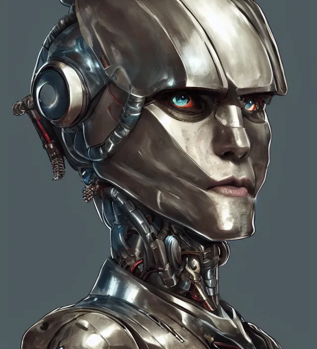 Image similar to a character portrait of a cyborg knight in the style of high fantasy art in the style of science fiction art trending on artstation deviantart pinterest hyper detailed photorealistic highlights and shadow hd 8 k post - processing high resolution