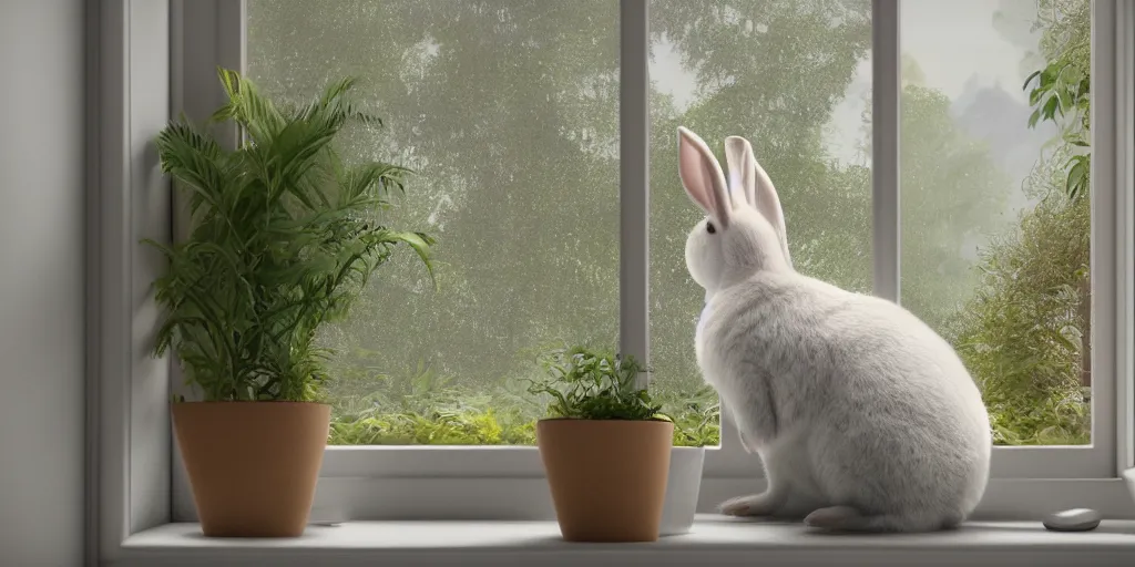 Image similar to beautiful peaceful dreamy painting of a content bunny sitting by a window and looking outside, sunshine coming through the window, small plants on the window sill, 8k, hyper realism, trending on artstation, octane render