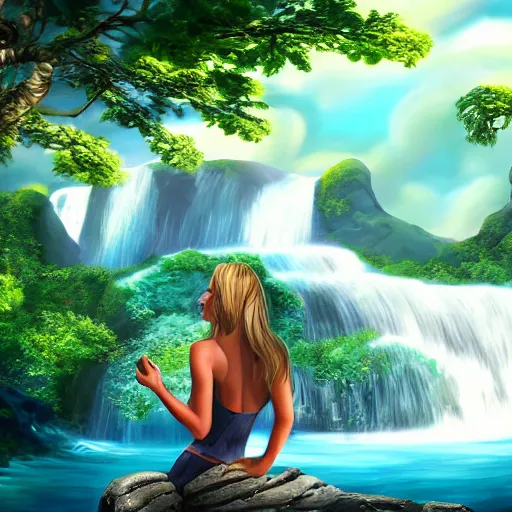 Prompt: an attractive woman holding an island with waterfalls coming off of it, happy, highly detailed, trending on art station, digital art, beautiful backdrop, highly detailed