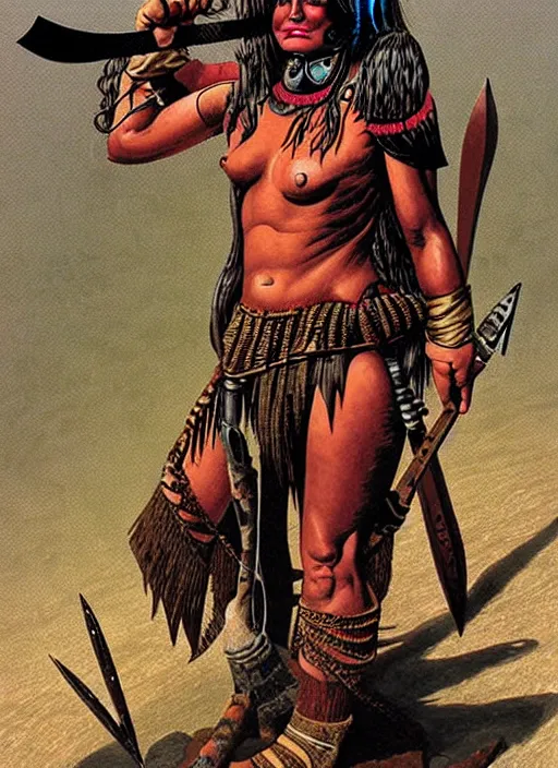Image similar to barbarian warrior girl in tribal painting by Richard Corben
