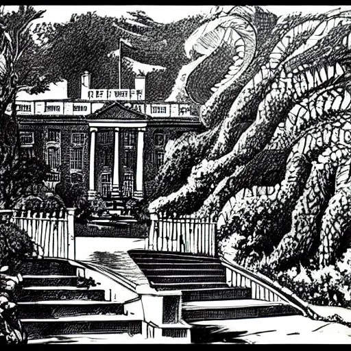Image similar to old white house stairs into lush garden, drawing moebius
