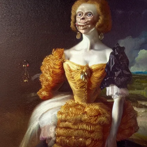 Image similar to disturbing dutch golden age oil painting by christian rex van minnen portrait of an extremely bizarre mutated proteus syndrome woman wearing shiny dress and jewels with intense chiaroscuro lighting perfect composition masterpiece