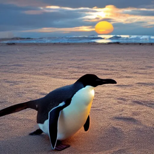 Image similar to photo of a penguin writing with a stick in the sand, sunset natural geographic, award winning