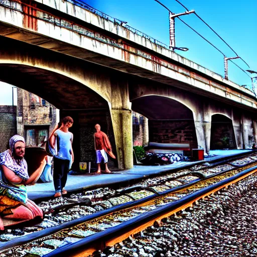 Image similar to poor people life under railway bridge, hyper realistic, best on adobe stock, 3 5 mm lens by steve mccury