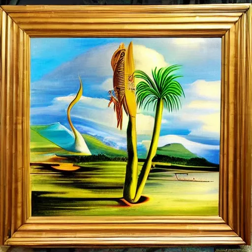 Image similar to a framed painting of a beautiful salvador dali tropical landscape