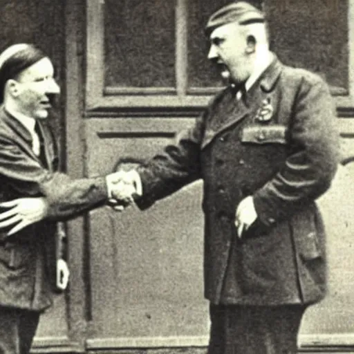 Image similar to vintage photograph of sam hyde and adolf hitler shaking hands, very detailed,