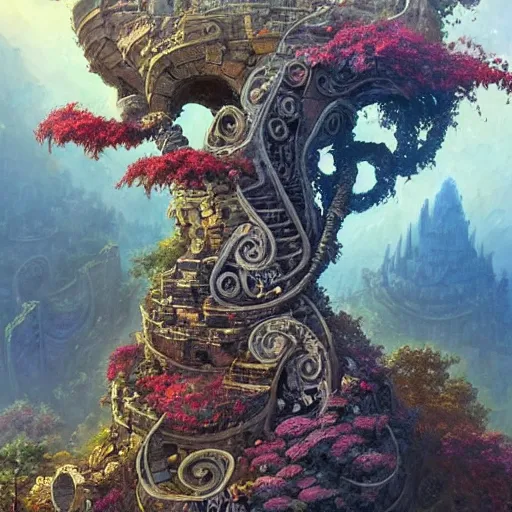 Prompt: forgotten stone city on a hill that rises up from the plain. the stone is carved into intricate patterns: spirals and flowers, vines and knots. towers high above, archways, strange trees and flowers. a beautiful and vivid and colorful andreas rocha and peter mohrbacher impasto!! acrylic painting