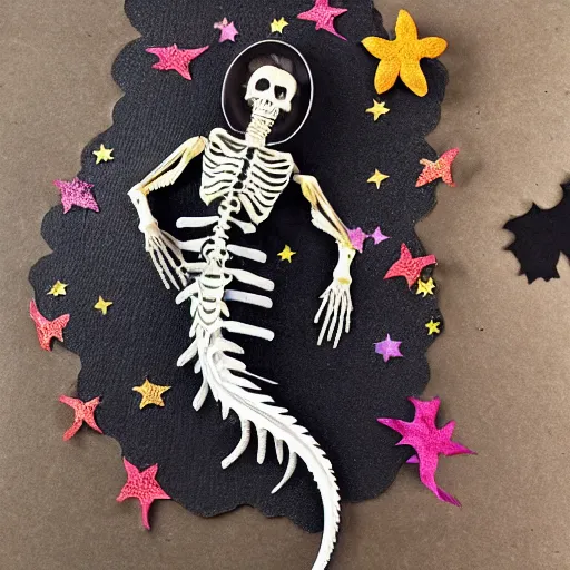 Image similar to stop motion bipedal halloween eel snake skeleton fantasy mermaid with a fish bone body, wearing a frilly mermaid skirt, on a handcrafted cardboard dock to look at the hand painted night sky full of glittery star stickers and glow in the dark star stickers over a shredded paper sea, adorable, side profile, macro camera lens