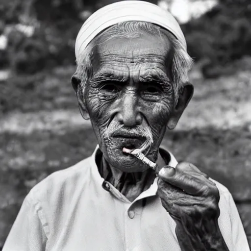 Prompt: photograph of an elderly hui muslim man looking at the camera and smoking a pipe